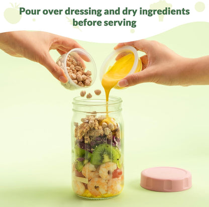 4 Pack Glass Salad Jars with Lids Meal Prep, Wet/Dry Separation | Pink/Orange/Sky Blue/Olive Green, Leakproof, Two Small Built-in Cups for Salad Dressing and Dry Ingredients,32oz Mason Jars