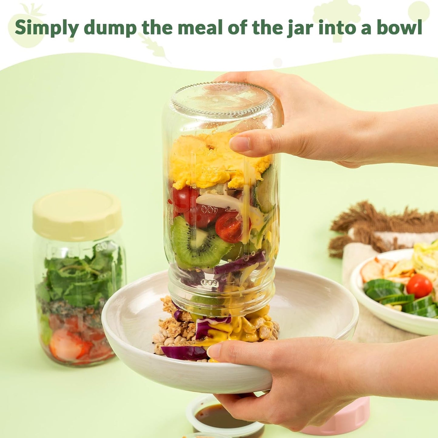 4 Pack Glass Salad Jars with Lids Meal Prep, Wet/Dry Separation | Pink/Orange/Sky Blue/Olive Green, Leakproof, Two Small Built-in Cups for Salad Dressing and Dry Ingredients,32oz Mason Jars