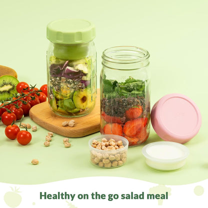 4 Pack Glass Salad Jars with Lids Meal Prep, Wet/Dry Separation | Pink/Orange/Sky Blue/Olive Green, Leakproof, Two Small Built-in Cups for Salad Dressing and Dry Ingredients,32oz Mason Jars