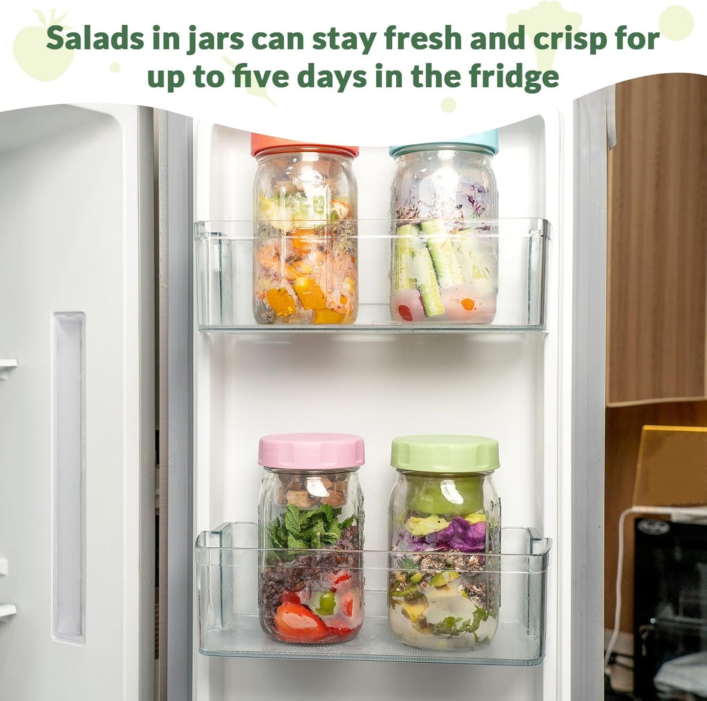 4 Pack Glass Salad Jars with Lids Meal Prep, Wet/Dry Separation | Pink/Orange/Sky Blue/Olive Green, Leakproof, Two Small Built-in Cups for Salad Dressing and Dry Ingredients,32oz Mason Jars