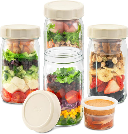 4 Pack Glass Salad Jars with Lids Meal Prep, Wet/Dry Separation | Pink/Orange/Sky Blue/Olive Green, Leakproof, Two Small Built-in Cups for Salad Dressing and Dry Ingredients,32oz Mason Jars