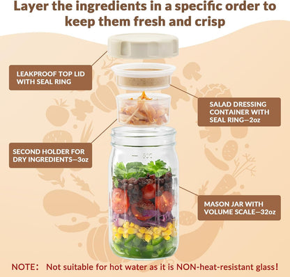 4 Pack Glass Salad Jars with Lids Meal Prep, Wet/Dry Separation | Pink/Orange/Sky Blue/Olive Green, Leakproof, Two Small Built-in Cups for Salad Dressing and Dry Ingredients,32oz Mason Jars