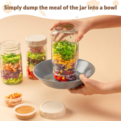 4 Pack Glass Salad Jars with Lids Meal Prep, Wet/Dry Separation | Pink/Orange/Sky Blue/Olive Green, Leakproof, Two Small Built-in Cups for Salad Dressing and Dry Ingredients,32oz Mason Jars