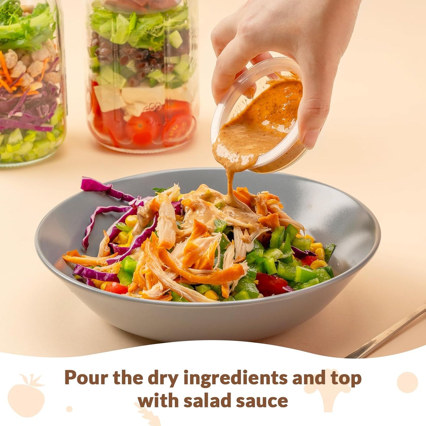 4 Pack Glass Salad Jars with Lids Meal Prep, Wet/Dry Separation | Pink/Orange/Sky Blue/Olive Green, Leakproof, Two Small Built-in Cups for Salad Dressing and Dry Ingredients,32oz Mason Jars