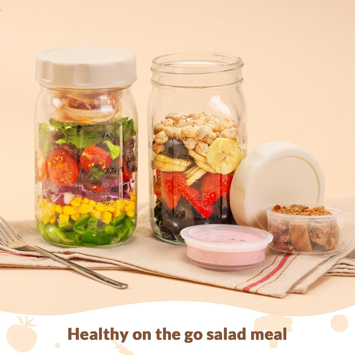4 Pack Glass Salad Jars with Lids Meal Prep, Wet/Dry Separation | Pink/Orange/Sky Blue/Olive Green, Leakproof, Two Small Built-in Cups for Salad Dressing and Dry Ingredients,32oz Mason Jars
