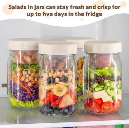 4 Pack Glass Salad Jars with Lids Meal Prep, Wet/Dry Separation | Pink/Orange/Sky Blue/Olive Green, Leakproof, Two Small Built-in Cups for Salad Dressing and Dry Ingredients,32oz Mason Jars