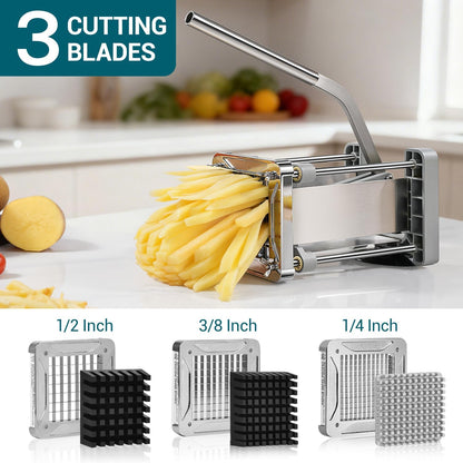 French Fry Cutter, Professional Stainless Steel Potato Cutter with 1/2", 1/4", 3/8" & Wedge Blades for Potatoes, Carrots, Apples