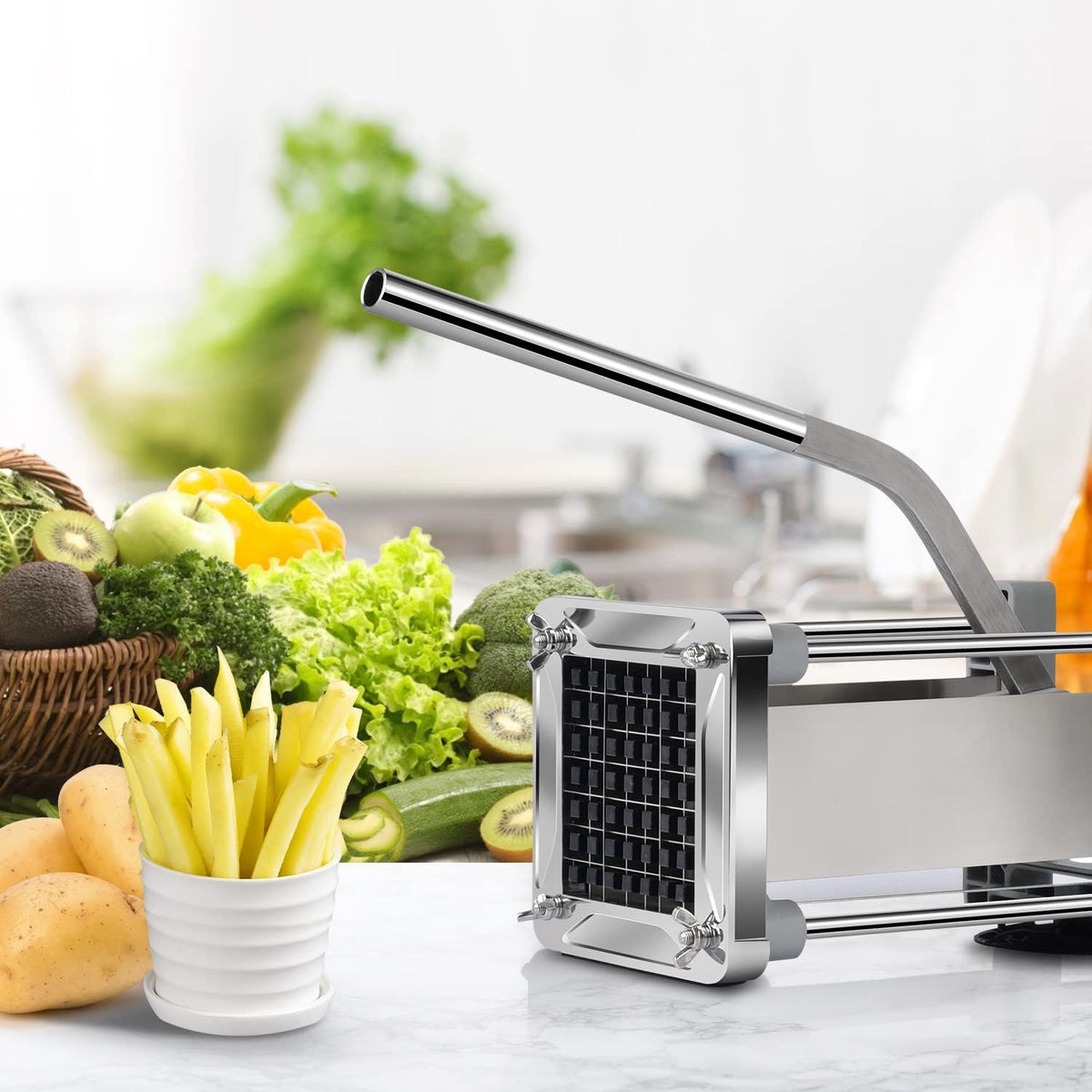 French Fry Cutter, Professional Stainless Steel Potato Cutter with 1/2", 1/4", 3/8" & Wedge Blades for Potatoes, Carrots, Apples