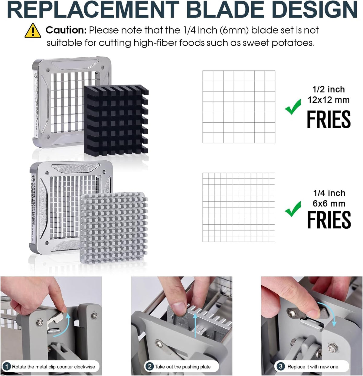 French Fry Cutter, Professional Stainless Steel Potato Cutter with 1/2", 1/4", 3/8" & Wedge Blades for Potatoes, Carrots, Apples