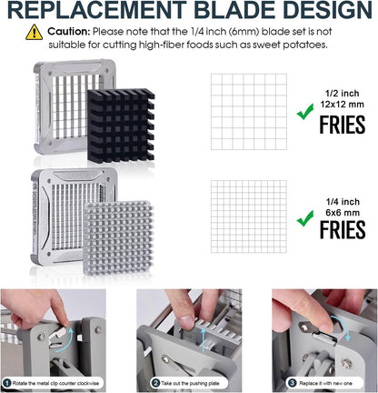 French Fry Cutter, Professional Stainless Steel Potato Cutter with 1/2", 1/4", 3/8" & Wedge Blades for Potatoes, Carrots, Apples