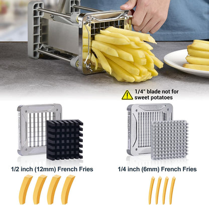 French Fry Cutter, Professional Stainless Steel Potato Cutter with 1/2", 1/4", 3/8" & Wedge Blades for Potatoes, Carrots, Apples
