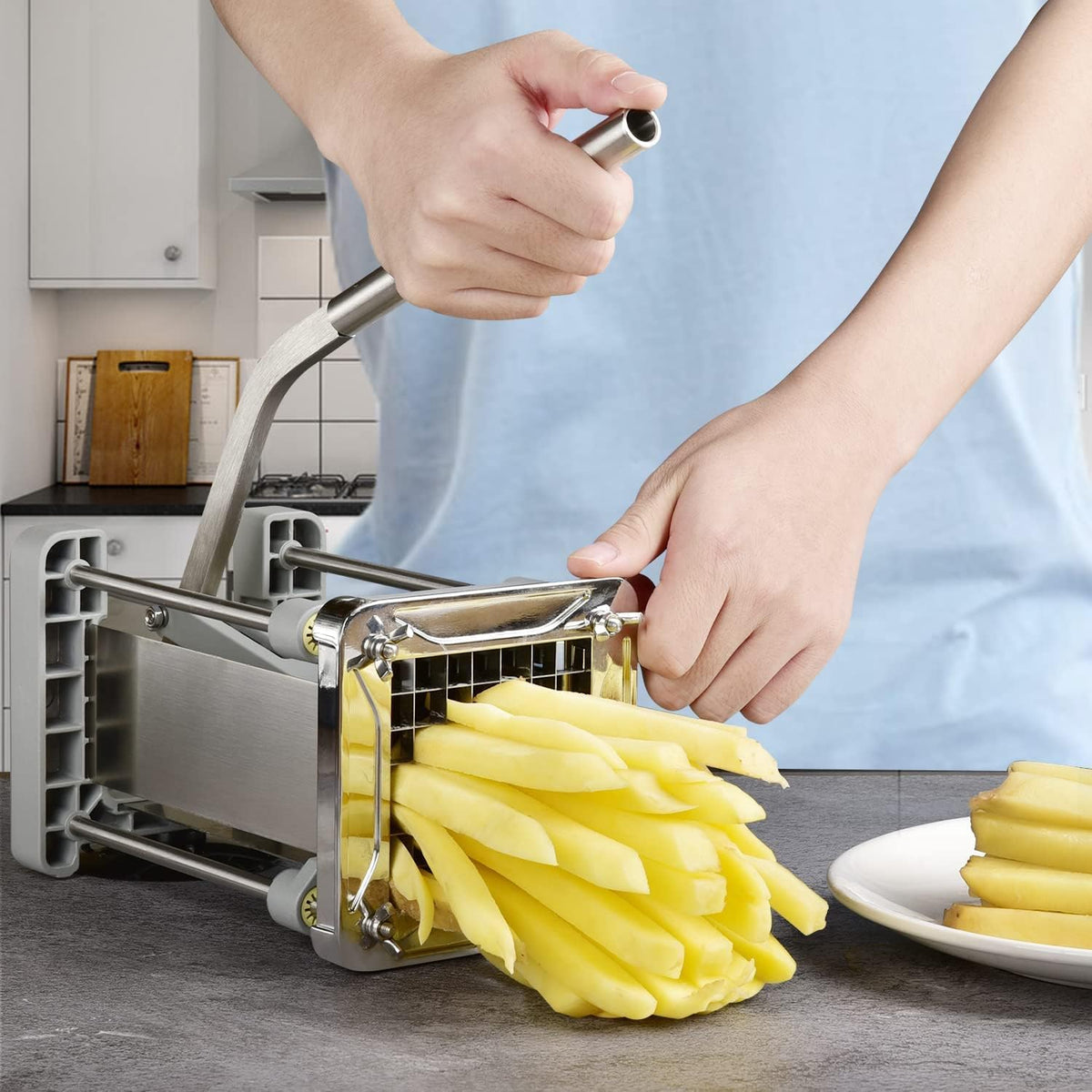 French Fry Cutter, Professional Stainless Steel Potato Cutter with 1/2", 1/4", 3/8" & Wedge Blades for Potatoes, Carrots, Apples