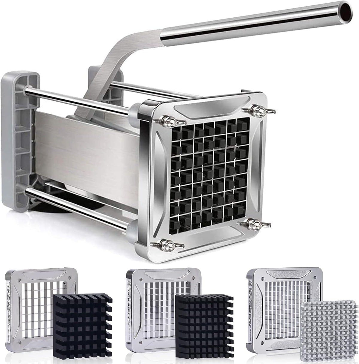 French Fry Cutter, Professional Stainless Steel Potato Cutter with 1/2", 1/4", 3/8" & Wedge Blades for Potatoes, Carrots, Apples