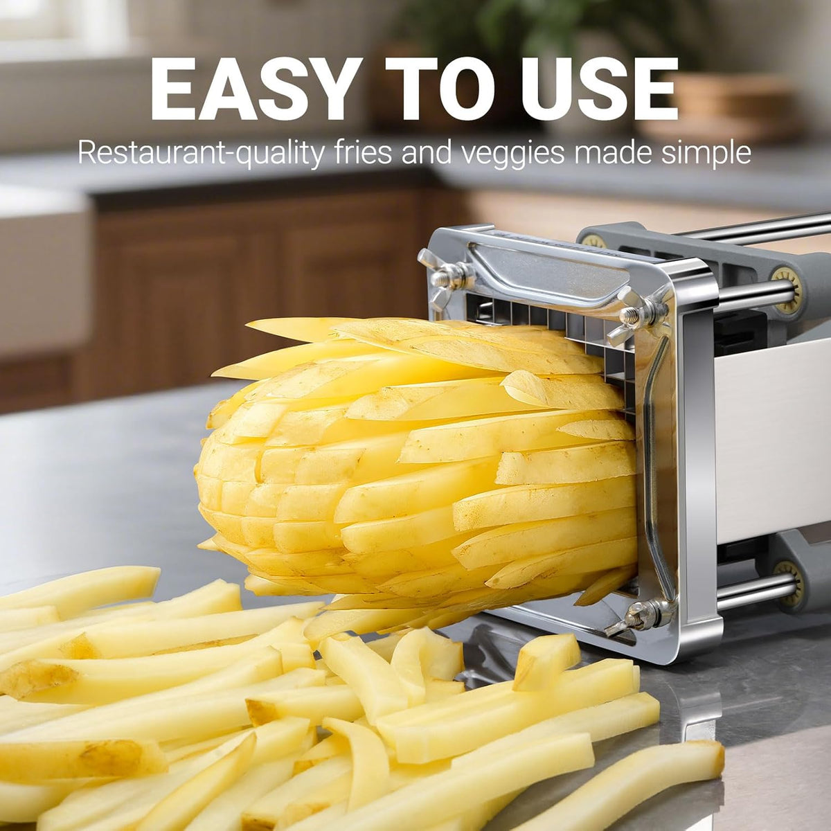 French Fry Cutter, Professional Stainless Steel Potato Cutter with 1/2", 1/4", 3/8" & Wedge Blades for Potatoes, Carrots, Apples