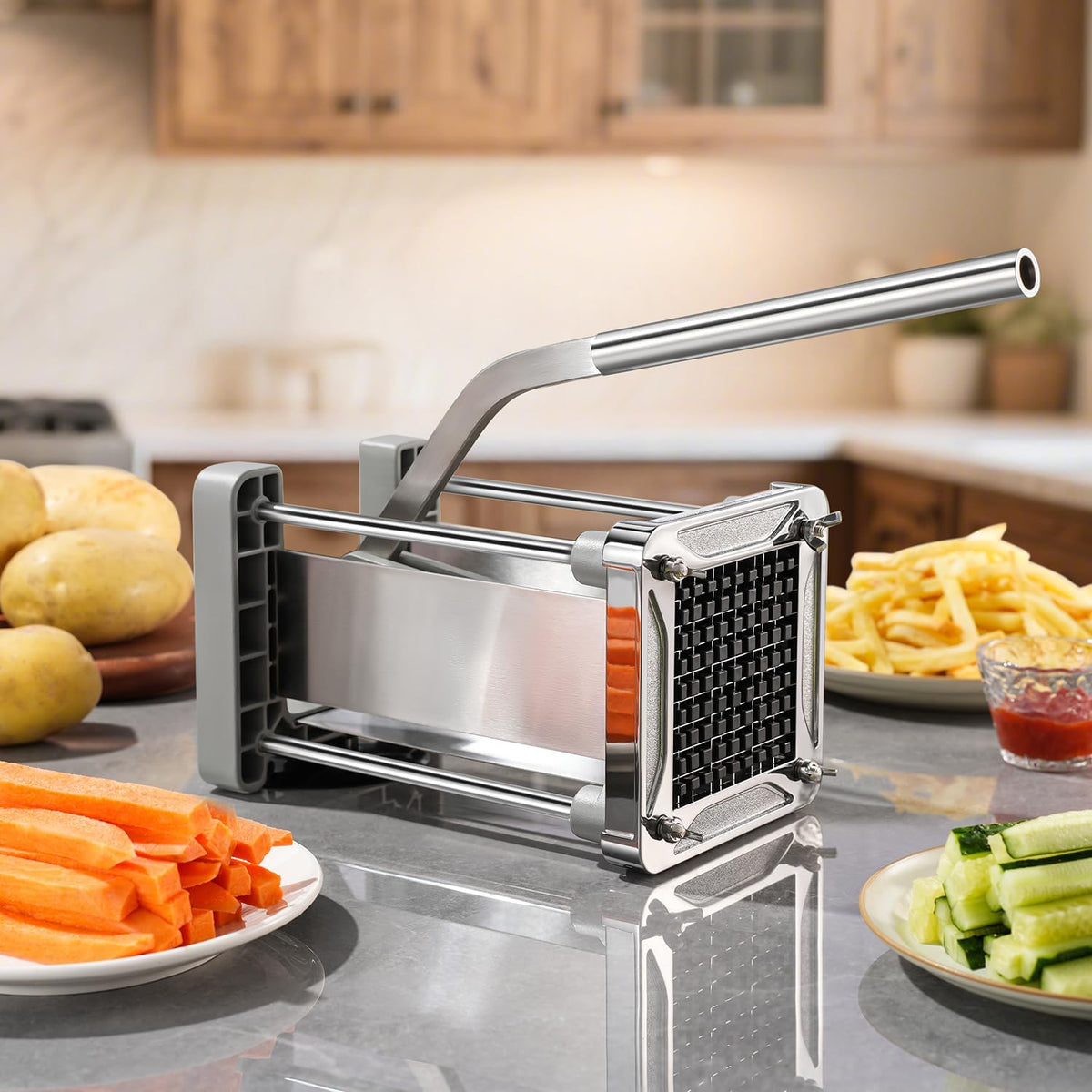 French Fry Cutter, Professional Stainless Steel Potato Cutter with 1/2", 1/4", 3/8" & Wedge Blades for Potatoes, Carrots, Apples