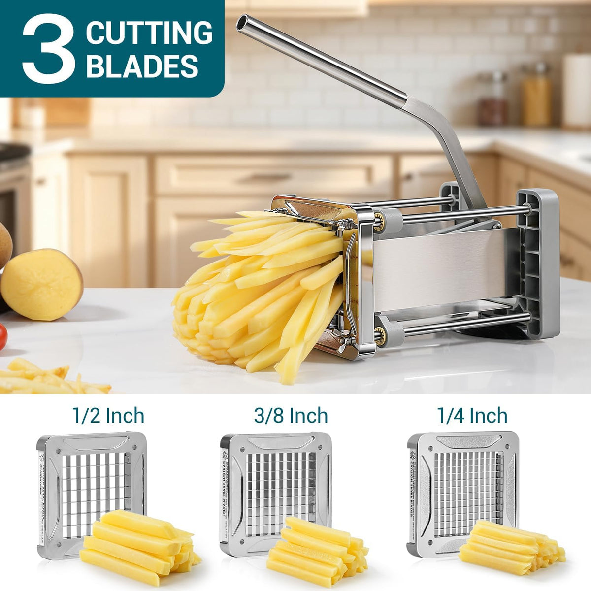French Fry Cutter, Professional Stainless Steel Potato Cutter with 1/2", 1/4", 3/8" & Wedge Blades for Potatoes, Carrots, Apples