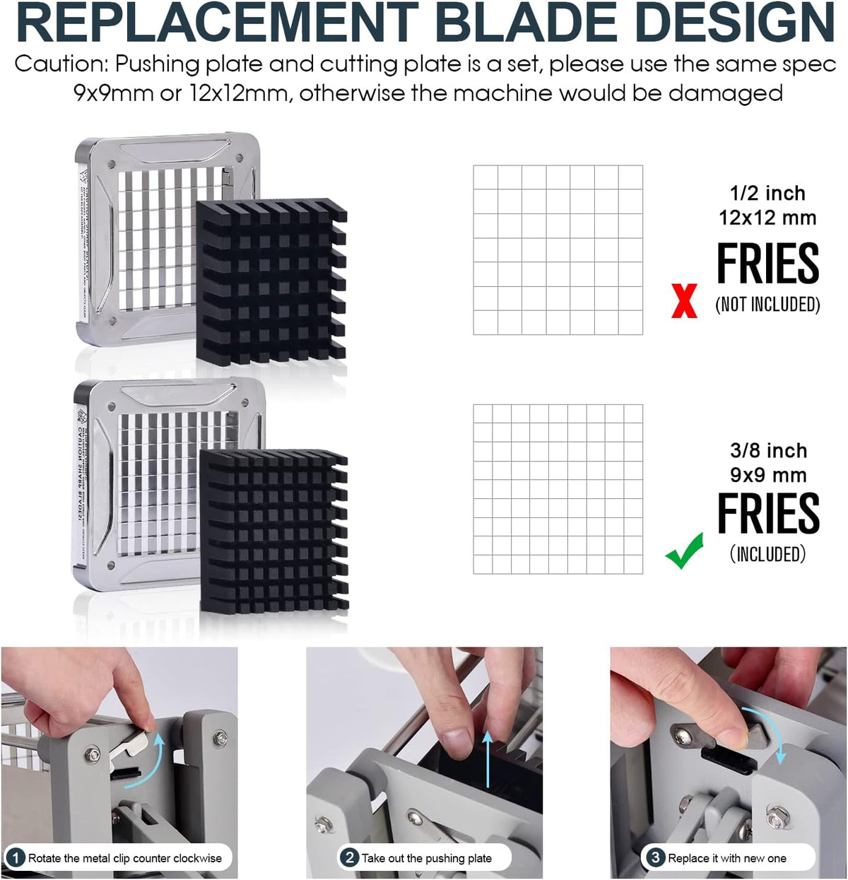 French Fry Cutter, Professional Stainless Steel Potato Cutter with 1/2", 1/4", 3/8" & Wedge Blades for Potatoes, Carrots, Apples