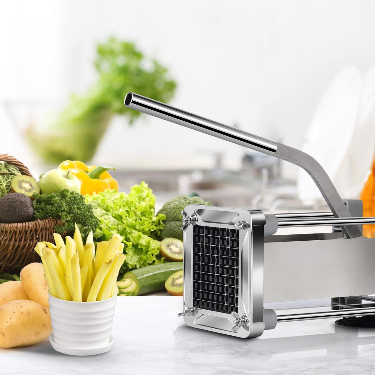 French Fry Cutter, Professional Stainless Steel Potato Cutter with 1/2", 1/4", 3/8" & Wedge Blades for Potatoes, Carrots, Apples