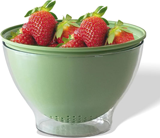 Multifunctional Fruit Strainer Container with Strainer, 2-in-1 Drain Basket for Washing, Storing & Serving, Berry Fridge Storage Box, Kitchen Sink Use (Green)