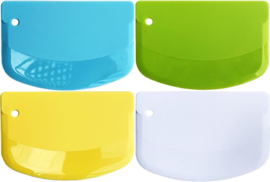 Hard Bench Scraper 4 PCs PP Plastic Dough Scraper Food Scraper | Bowl Scraper,BPA Free Food-Safe,Multipurpose,Dough Cutter for Pastry Bake Cake Pizza,Bread Making, White, Green, Yellow, Blue