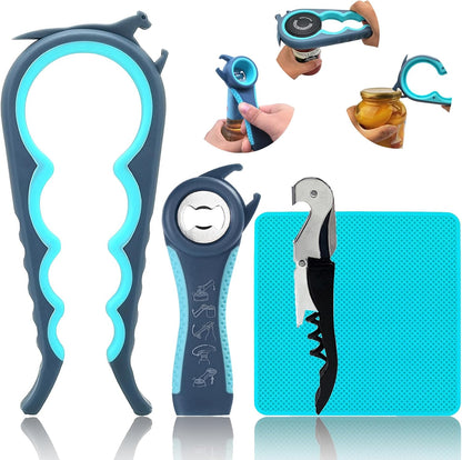 Jar Opener & Bottle Opener for Seniors with Arthritis, Weak Hands, 4-Pieces | Multi-use Lid Opener Set with Non-slip Rubber Gripper Pad & Wine Opener, Great for Senior Parents, Grandparents or Loved Ones