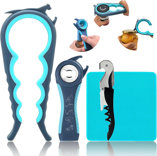 Jar Opener & Bottle Opener for Seniors with Arthritis, Weak Hands, 4-Pieces | Multi-use Lid Opener Set with Non-slip Rubber Gripper Pad & Wine Opener, Great for Senior Parents, Grandparents or Loved Ones