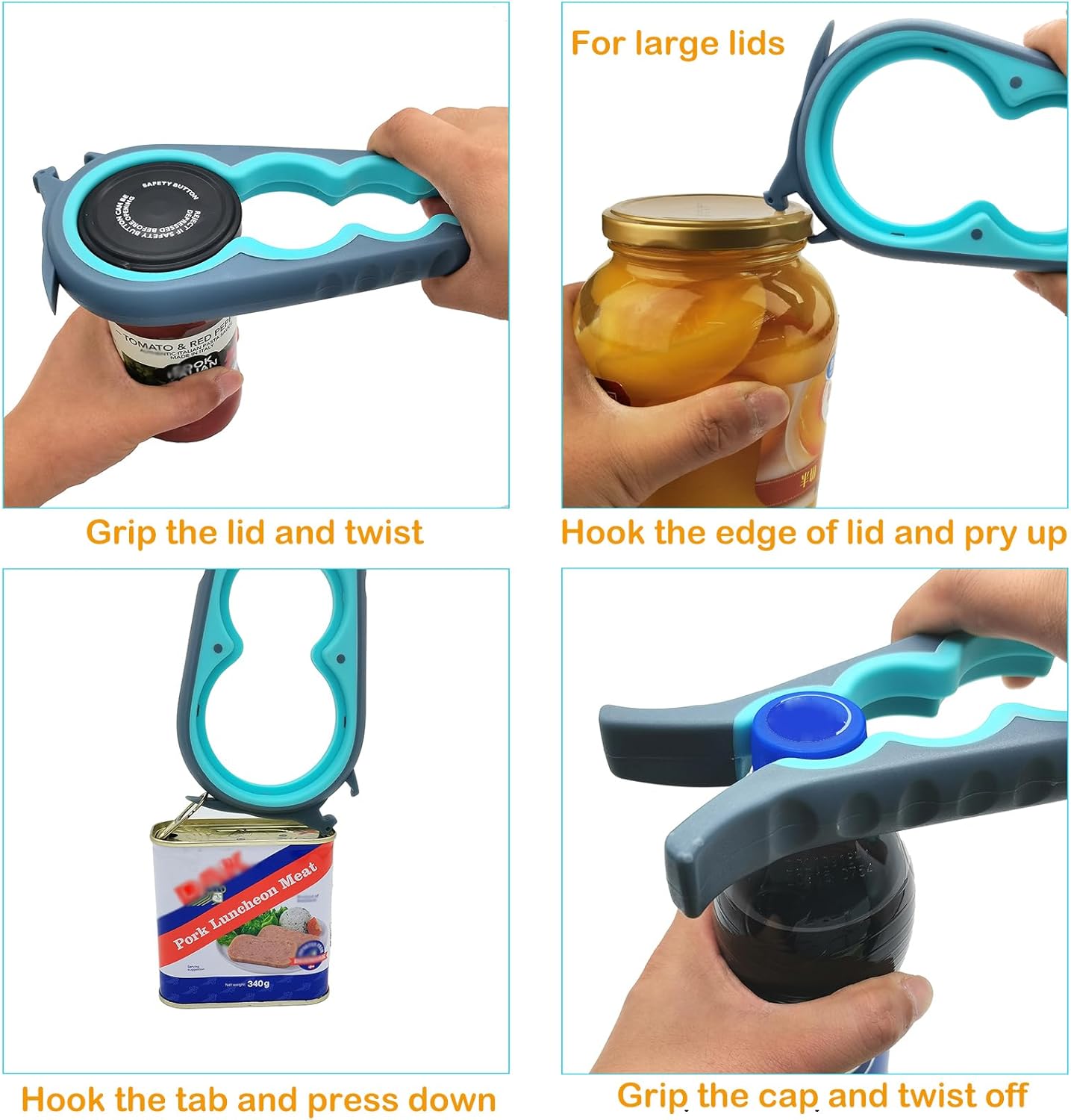 Jar Opener & Bottle Opener for Seniors with Arthritis, Weak Hands, 4-Pieces | Multi-use Lid Opener Set with Non-slip Rubber Gripper Pad & Wine Opener, Great for Senior Parents, Grandparents or Loved Ones