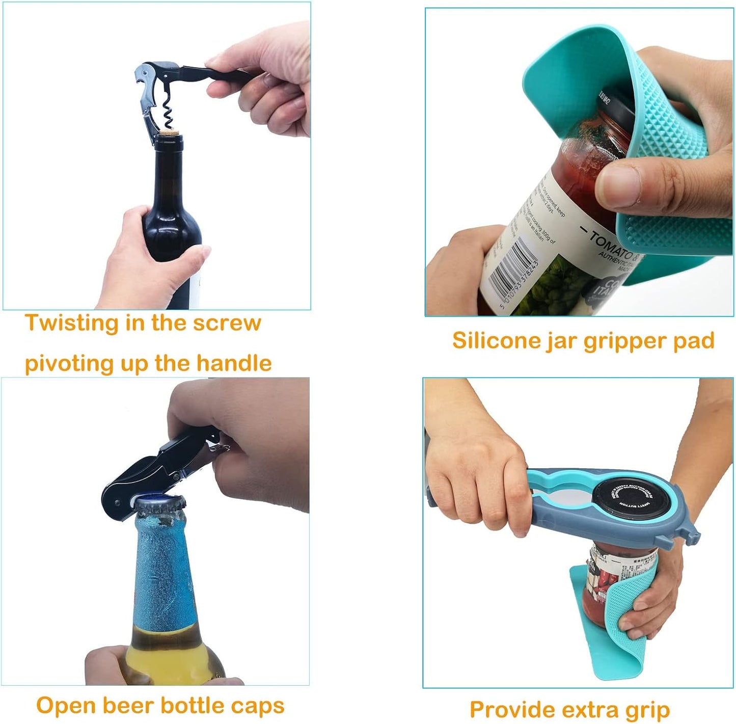 Jar Opener & Bottle Opener for Seniors with Arthritis, Weak Hands, 4-Pieces | Multi-use Lid Opener Set with Non-slip Rubber Gripper Pad & Wine Opener, Great for Senior Parents, Grandparents or Loved Ones