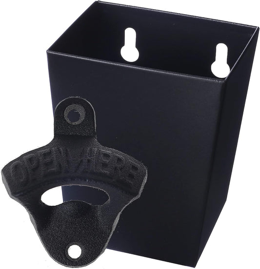 Satin Black Cast Iron Bottle Opener Wall Mounted with Bottle Cap Catcher Narrow