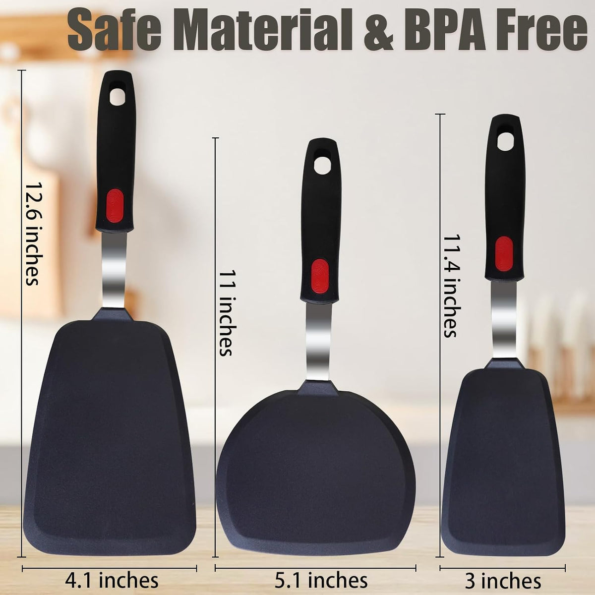 3-Pack Large Silicone Spatula Turners for Nonstick Cookware