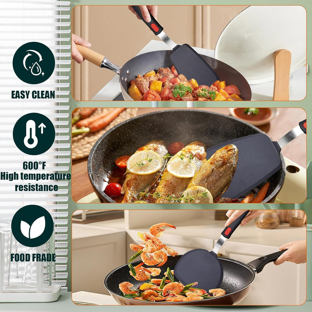 3-Pack Large Silicone Spatula Turners for Nonstick Cookware
