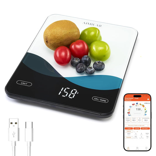 Bluetooth Smart Kitchen Scale 10kg/22lb - Nutrition Food Scale with App Calorie & Macro Tracker, 19+ Nutrients Analysis, USB-C Rechargeable, Tempered Glass, LED Display