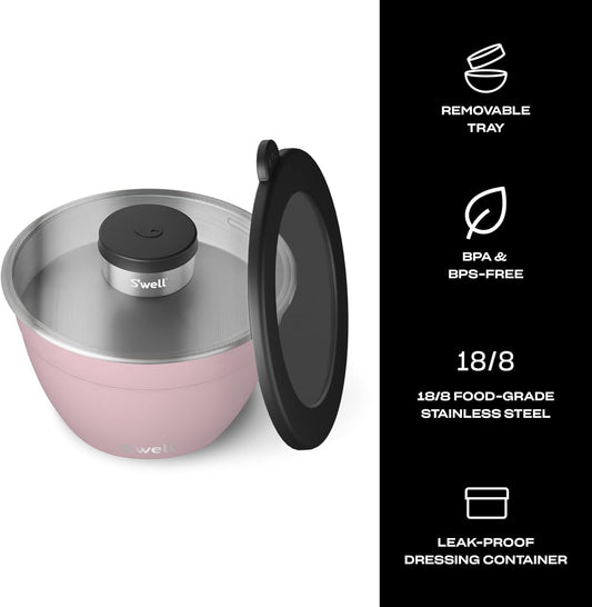 Stainless Steel 64oz Salad Bowl Kit, Pink Topaz Color, Comes with 2oz Mini Canister and Removable Tray for Organization, Leakproof and Dishwasher Safe