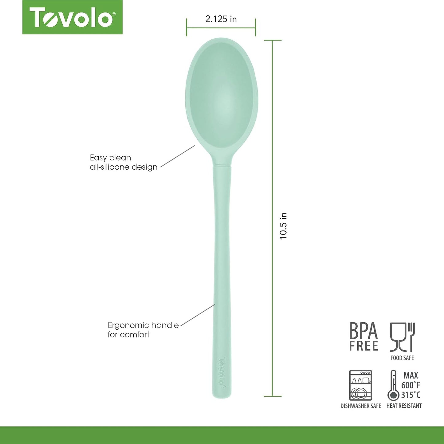 Flex Core Small Deep Spoon Silicone for Cooking Mixing Baking, Dishwasher Safe BPA Free All Silicone Kitchen Mini Spoon Heat Resistant Nonstick Safe Serving Spoon, Aqua Seafoam Green