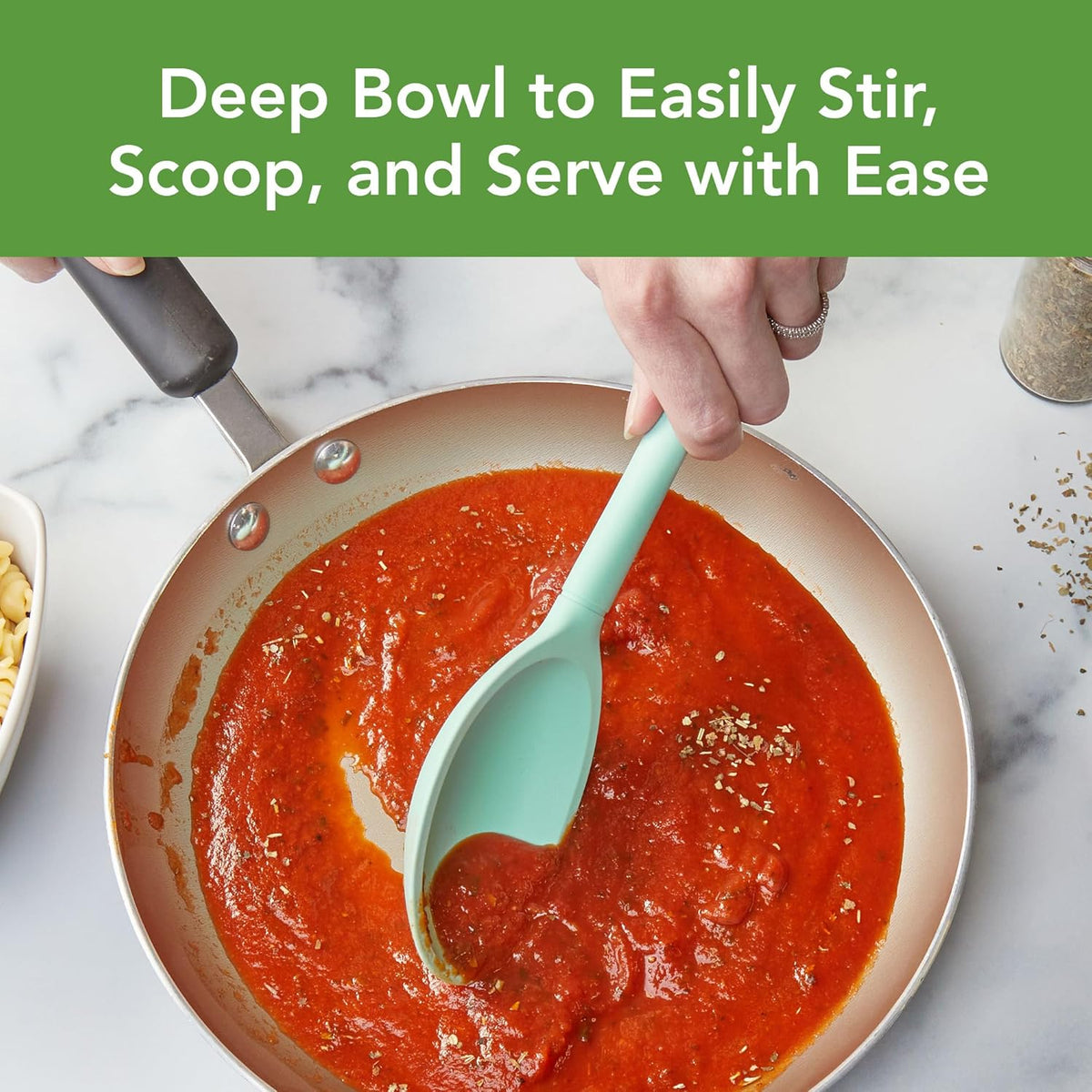 Flex Core Small Deep Spoon Silicone for Cooking Mixing Baking, Dishwasher Safe BPA Free All Silicone Kitchen Mini Spoon Heat Resistant Nonstick Safe Serving Spoon, Aqua Seafoam Green