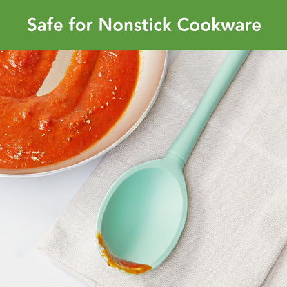 Flex Core Small Deep Spoon Silicone for Cooking Mixing Baking, Dishwasher Safe BPA Free All Silicone Kitchen Mini Spoon Heat Resistant Nonstick Safe Serving Spoon, Aqua Seafoam Green