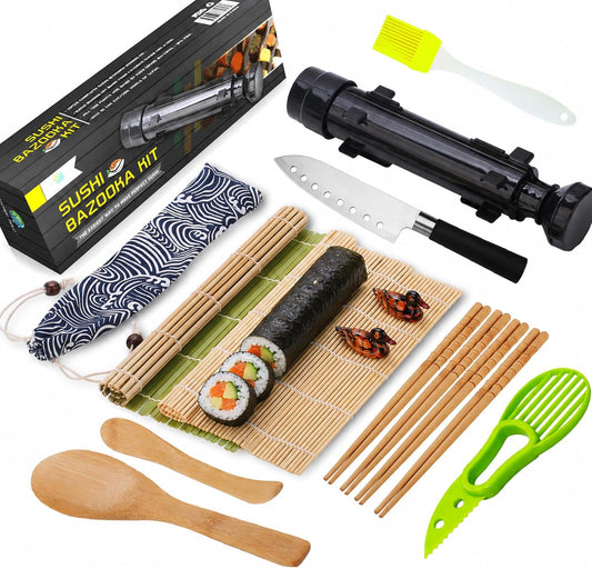Sushi Making Kit, All-in-One Bazooka Roller Set with Bamboo Mats, Avocado Slicer, Paddle, Knife, Chopstick & Holders, Cotton Bag - DIY Maki Roller Machine