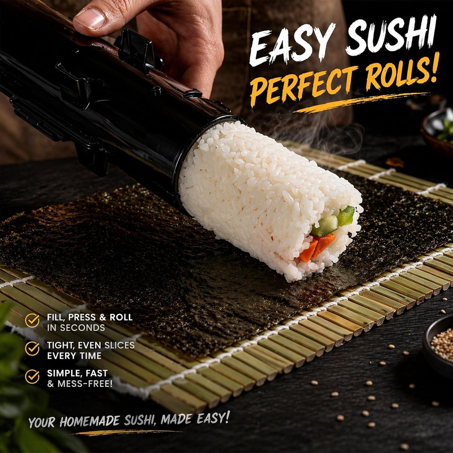 Sushi Making Kit, All-in-One Bazooka Roller Set with Bamboo Mats, Avocado Slicer, Paddle, Knife, Chopstick & Holders, Cotton Bag - DIY Maki Roller Machine