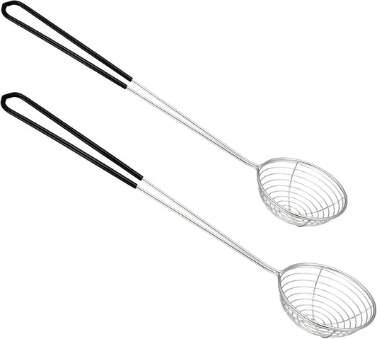 2Pcs Stainless Steel Hot Pot Strainer Spoons, 2 Sizes Fatsoff Soup Scoop Boba Spoon Scoop with Handle Ladle Wire Cooking Spider Skimmer Spoon for Hot Pot, Kitchen, Meatball, Oil Filter Black