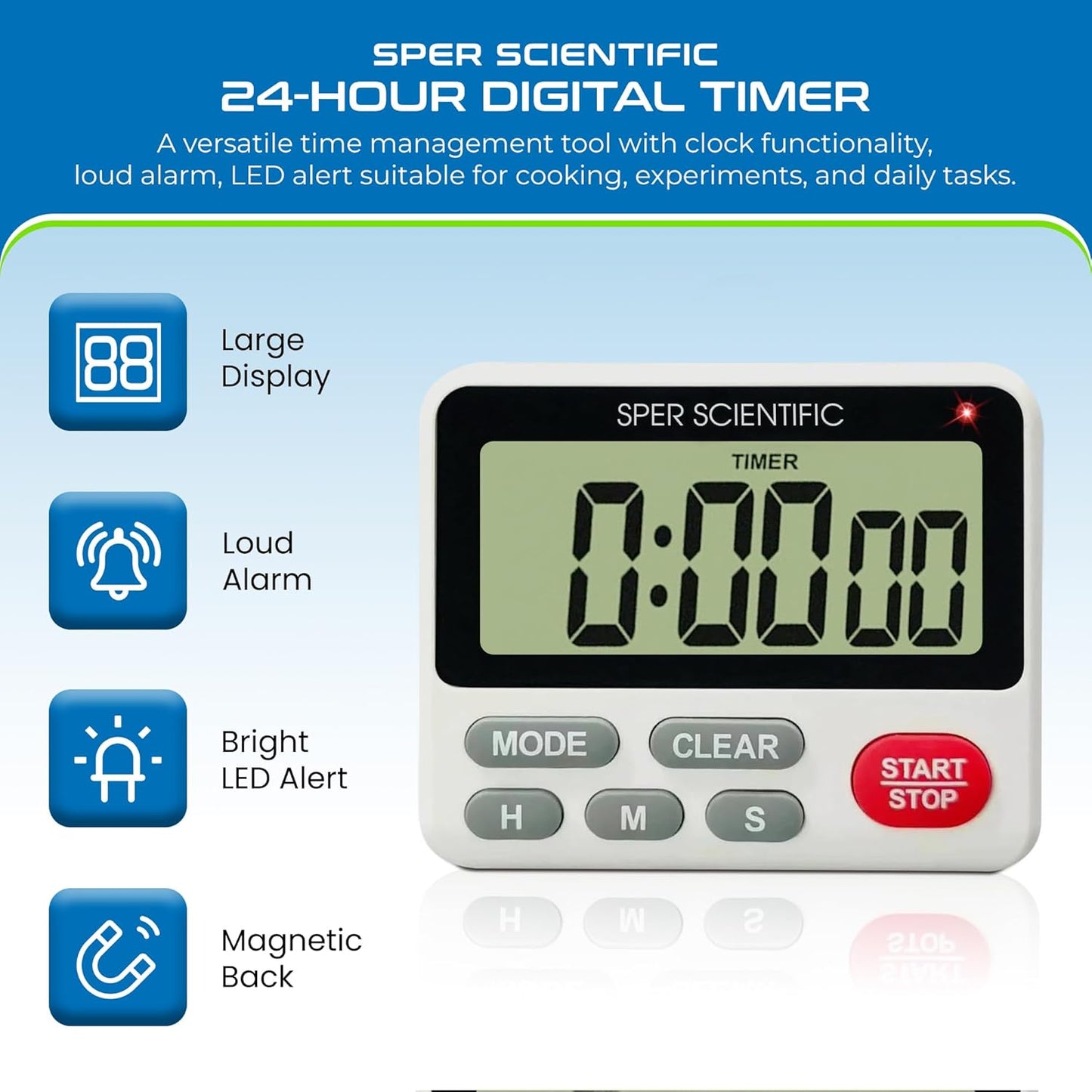 24-Hour Digital Lab + Kitchen Timer with LED Light 810001 - Precision Countdown Timer with Large Display, Loud Alarm & Clock Mode - for Cooking, Lab Experiments & More