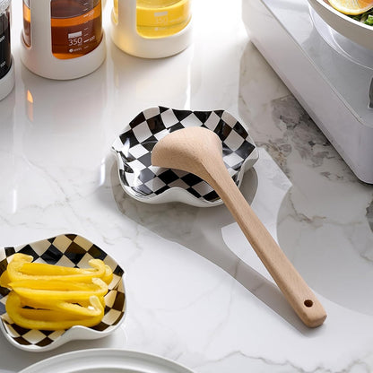 Ceramic Spoon Rest, 5.3in Black & White Pattern, Heat Resistant Cooking Spoon Holder for Kitchen Countertop, Stove Top, Spatula, Ladle, Coffee Spoon Rest