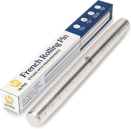 French Rolling Pin for Baking – Dough Roller with Measurement | Tapered Stainless Steel Design, Professional or Home Use with Pizza, Cookie & Pastry Dough, Dishwasher-Safe, Easy to Clean