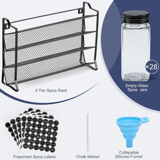 Spice Rack Organizer for Cabinet, Spice Organizer with 28 Empty Spice Jars with Black Lids, Funnel, Spice Labels, Seasoning Organizer for Countertop, Cabinet, Kitchen, Pantry, Cupboard