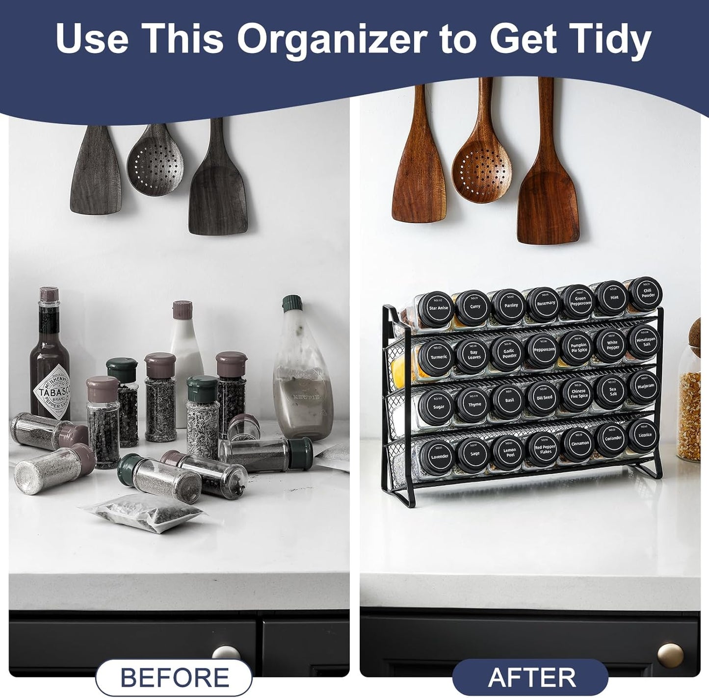 Spice Rack Organizer for Cabinet, Spice Organizer with 28 Empty Spice Jars with Black Lids, Funnel, Spice Labels, Seasoning Organizer for Countertop, Cabinet, Kitchen, Pantry, Cupboard
