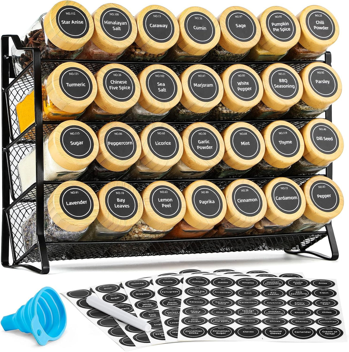 Spice Rack Organizer for Cabinet, Spice Organizer with 28 Empty Spice Jars with Black Lids, Funnel, Spice Labels, Seasoning Organizer for Countertop, Cabinet, Kitchen, Pantry, Cupboard