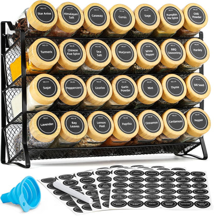 Spice Rack Organizer for Cabinet, Spice Organizer with 28 Empty Spice Jars with Black Lids, Funnel, Spice Labels, Seasoning Organizer for Countertop, Cabinet, Kitchen, Pantry, Cupboard
