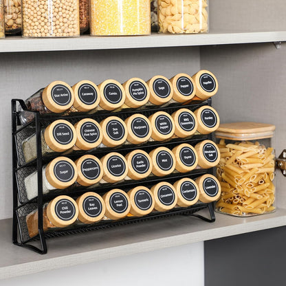Spice Rack Organizer for Cabinet, Spice Organizer with 28 Empty Spice Jars with Black Lids, Funnel, Spice Labels, Seasoning Organizer for Countertop, Cabinet, Kitchen, Pantry, Cupboard