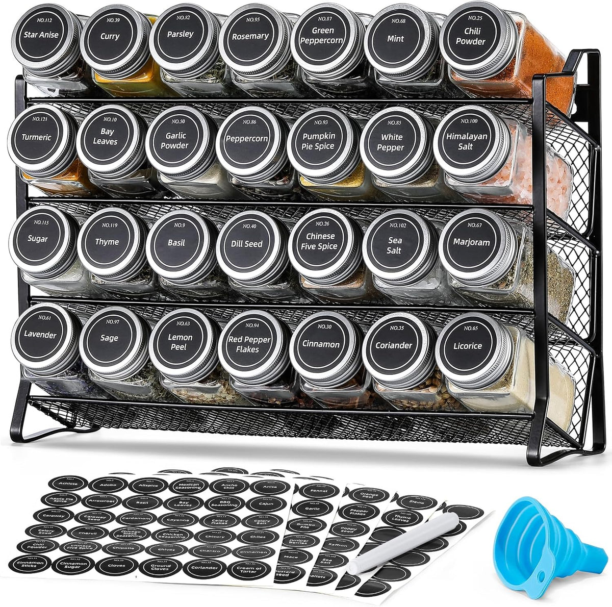 Spice Rack Organizer for Cabinet, Spice Organizer with 28 Empty Spice Jars with Black Lids, Funnel, Spice Labels, Seasoning Organizer for Countertop, Cabinet, Kitchen, Pantry, Cupboard