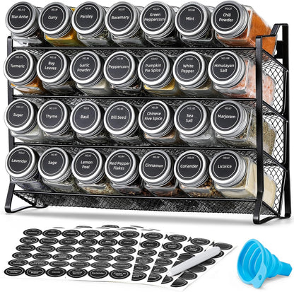 Spice Rack Organizer for Cabinet, Spice Organizer with 28 Empty Spice Jars with Black Lids, Funnel, Spice Labels, Seasoning Organizer for Countertop, Cabinet, Kitchen, Pantry, Cupboard