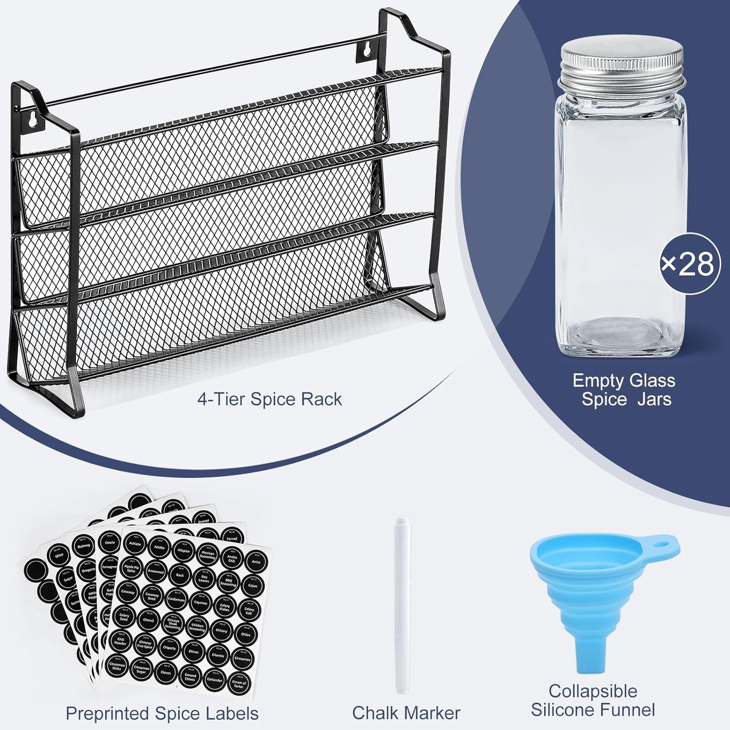 Spice Rack Organizer for Cabinet, Spice Organizer with 28 Empty Spice Jars with Black Lids, Funnel, Spice Labels, Seasoning Organizer for Countertop, Cabinet, Kitchen, Pantry, Cupboard